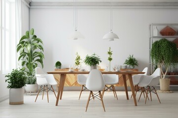 Modern white interior design with wooden furniture and stylish decor including plants, contemporary chairs, and an elegant dining table against a background wall. Generative AI