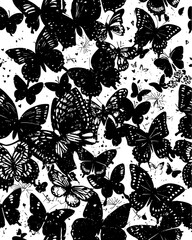 Black, woodcut butterflies scattered against a white background. Distressed details and inky drips add character to this vector pattern that repeats seamlessly.
