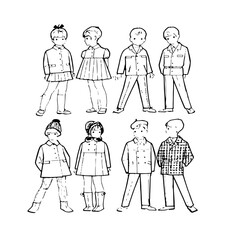 Flat model sketch of children and baby clothes. Clothes template for preschool children. Age 6 years.