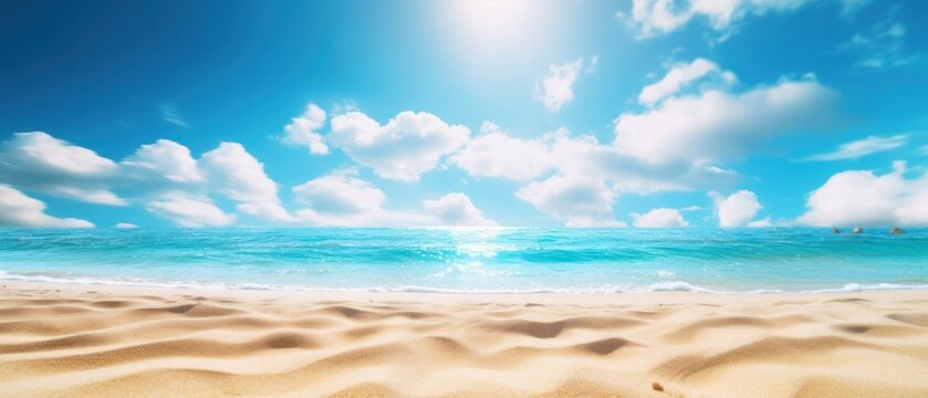 Abstract blur defocused background. Tropical summer beach with golden sand, turquoise ocean and blue sky with white clouds on bright sunny day. Colorful landscape for summer holidays © Eli Berr