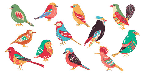 A large set of bright and colorful birds with an ornament on a white background. trendy design. Vector stock illustration. Isolated