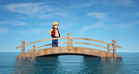 Man on a bridge in the middle of the water.