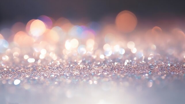 Beautiful festive background image with sparkles and bokeh in pastel pearl and silver colors. Selective focus, shallow depth of field.
