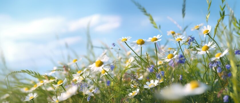 Beautiful field meadow flowers chamomile, blue wild peas in morning against blue sky with clouds, nature landscape, close-up macro. Wide format, copy space. Delightful pastoral airy artistic image © Eli Berr