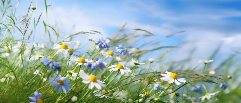 Beautiful field meadow flowers chamomile, blue wild peas in morning against blue sky with clouds, nature landscape, close-up macro. Wide format, copy space. Delightful pastoral airy artistic image © Eli Berr