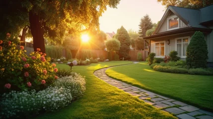Fototapete Braun Beautiful manicured lawn and flowerbed with deciduous shrubs on private plot and track to house against backlit bright warm sunset evening light on background. Soft focusing in foreground