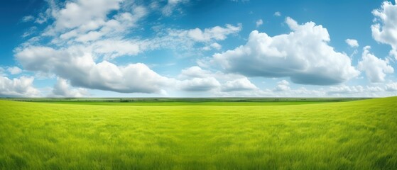 Panoramic natural landscape with green grass field, blue sky with clouds and and mountains in background. Panorama summer spring meadow. Shallow depth of field