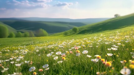 Beautiful natural spring summer landscape of a flowering meadow in a hilly area on a bright sunny day. Many flowers in a field in green grass. Small zone of sharpness