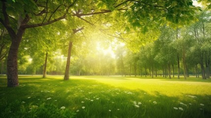 Beautiful spring background. View of natural park with a green lawn through young juicy foliage of trees in rays of soft sunlight