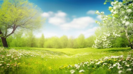 Obraz premium Beautiful blurred spring background nature with blooming glade, trees and blue sky on a sunny day