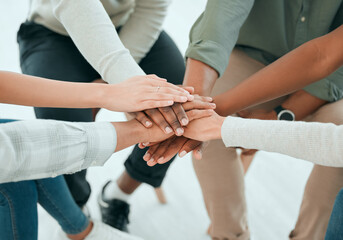 Hands stack, group and team with support, care and together with solidarity, advice and empathy at...