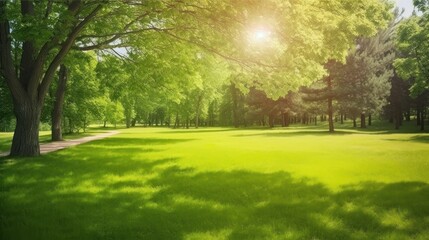 Fototapeta na wymiar Beautiful warm summer widescreen natural landscape of park with a glade of fresh grass lit by sun