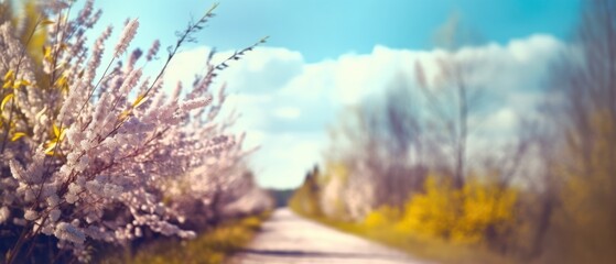 Fototapeta na wymiar Defocused spring landscape. Beautiful nature with flowering willow branches and forest road against blue sky with clouds, soft focus. Ultra wide format