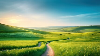 Picturesque winding path through a green grass field in hilly area in morning at dawn against blue sky with clouds. Natural panoramic spring summer landscape