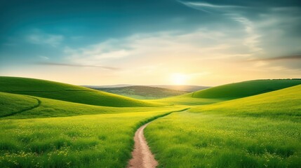 Picturesque winding path through a green grass field in hilly area in morning at dawn against blue sky with clouds. Natural panoramic spring summer landscape