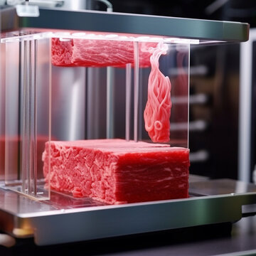 
Artificial Meat Is Printed In A 3D Printer.
Imitation Of Meat Production Through Meat Printing Technology. Generative AI