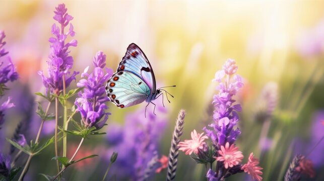 Purple butterfly on lavender fields grass in rays of sunlight, macro. Spring summer fresh artistic image of beauty morning nature. Selective soft focus