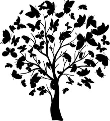 Obraz premium Tree with flying around butterflies. Vector isolated decoration element from scattered silhouettes. Conceptual illustration of growth and life .