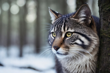 Fototapeta premium Digital photo of a wild cat (manul) in winter coniferous forest on the snowy branches of a fir tree. Wildlife imagery, the concept of ecological environment. Generative AI