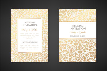 Fototapeta na wymiar Vintage wedding invitation templates. Cover design with gold tra