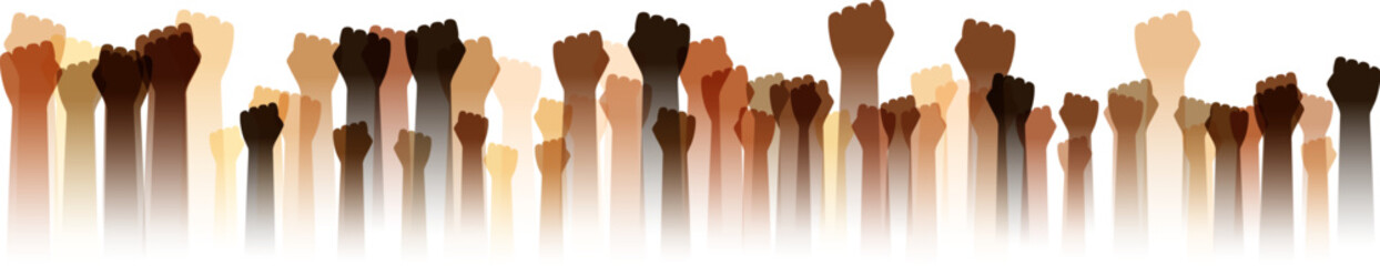 Hands up silhouettes, horizontal border. Decoration element from human raised fists. Conceptual illustration for festivals, concerts, social and public communities, education or volunteering.