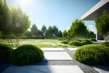 Beautiful sleek modern garden - Landscaper design - Generative AI - obrazy, fototapety, plakaty
