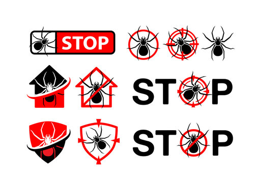 Pest control badges set. Design elements, labels and stickers, danger and stop signs with spider silhouette