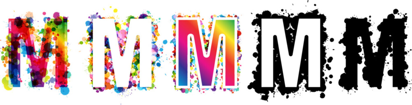 M letters with rainbow and black paint splash decorative elements. Colorful M letter emblems collection. Vector illustration in artistic style.