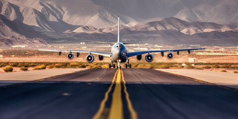 View of the runway of the airport, and a take off passenger aircraft against background the mountain system in clear weather - obrazy, fototapety, plakaty