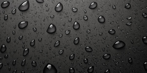 Water drops on a black leather surface. Close up water drops on black background. Abstract black wet texture with bubbles on plastic PVC surface or grunge. Realistic pure water droplets condensed.	