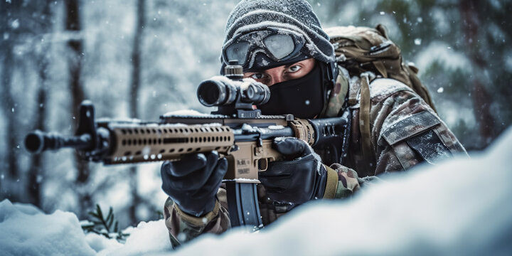 Army sniper aims through the telescopic sight. Army sniper with large-caliber sniper rifle seeking killing enemy. digital ai	
