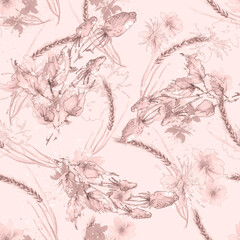 Fototapeta na wymiar Watercolor graphic flowers, berry strawberry. Field bouquet. fashion illustration. Orchid flowers, poppy, pansies,spikelet, field or garden flowers. Watercolor abstract. Seamless art background.