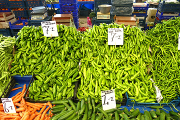 Bright green peppers in the central market