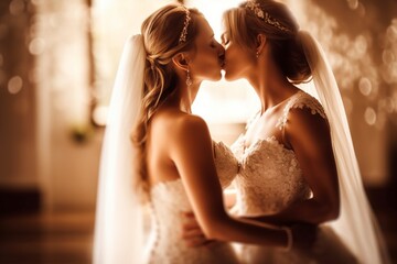 Two lesbian women kissing on their wedding day. Fictitious person generated by Ai. - obrazy, fototapety, plakaty