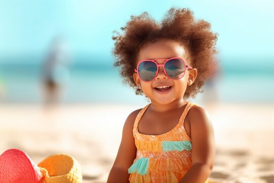 With her curly hair and bright smile, an African American 2-year-old girl explores the wonders of the beach.Ai generated fictional person.