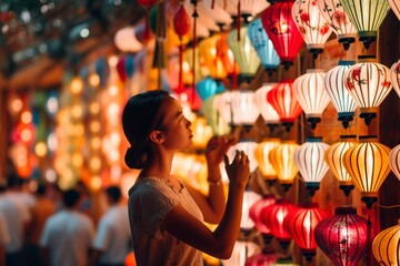 Obraz na płótnie Canvas A Vietnamese woman carefully selects and orders beautifully lit lanterns at a vibrant street stall. Ai Generated