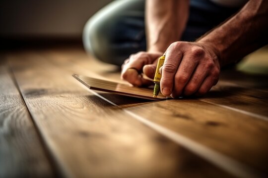 A skilled operator diligently restores the parquet boards, breathing new life into the residence's elegant flooring. Ai Generated.