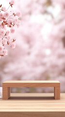 Empty wooden table with spring cherry blossom background. space to write, Generative AI