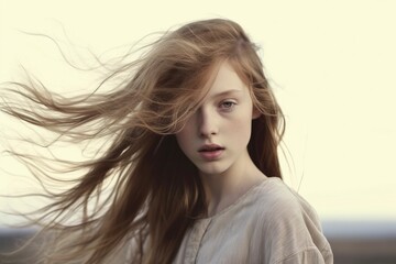 Fototapeta premium A model woman poses with her hair loose among the tall leaves. Ai generated.