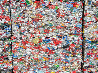 Crushed beverage cans in a recycling plant. Pattern. Recycling concept.