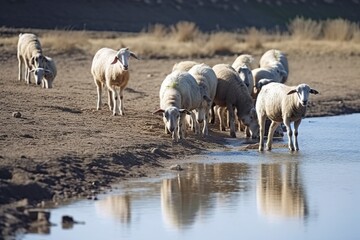 Fototapeta premium Sheep in search of food and water wandering through a barren field. Ai generated.