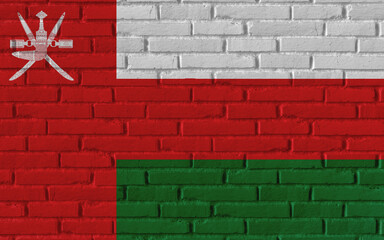 Oman country national flag painting on old brick textured wall with cracks and concrete concept 3d rendering image realistic background banner