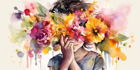 Obraz na płótnie Canvas Abstract watercolor painting of a person holding a bouquet of flowers in front of their face, generative AI 
