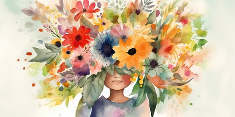 Abstract watercolor painting of a person holding a bouquet of flowers in front of their face, generative AI 