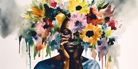 Abstract watercolor painting of a female with a bouquet of flowers around part of her face, generative AI 