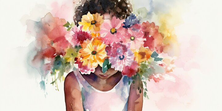 Abstract watercolor painting of a person holding a bouquet of flowers in front of their face, generative AI 