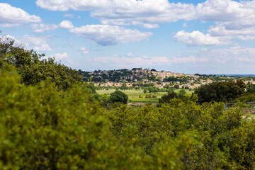 Fototapeta na wymiar Village de Gallargues-le-Montueux depuis les hauteurs de l'Oppidum d'Ambrussum, au coeur de la garrigue