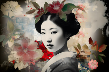Beautiful Asian woman portrait with flowers elegance fantasy artwork digital collage illustration. 