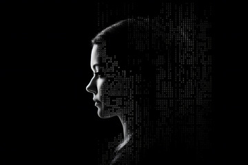 Abstract woman head is shown pixelated style cyberspace digital big data human intelligence illustration. 