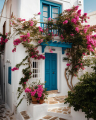 Fototapeta na wymiar Mediterranean Delight: Captivating Greek House with White Walls, Blue Accents, and Blooming Pink Flowers
